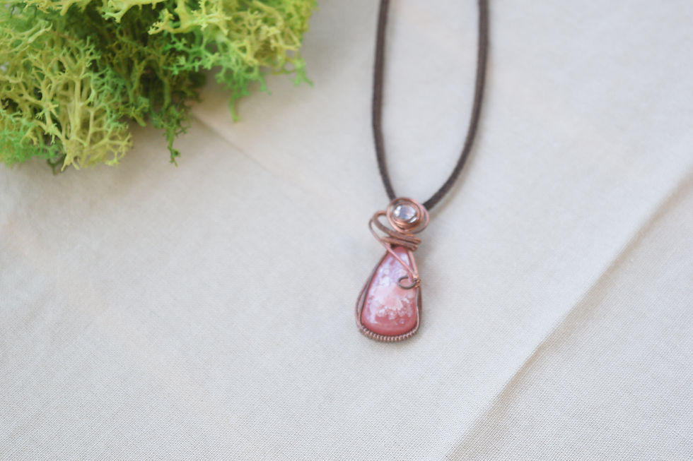 Thumbnail: Floral Echoes • Rhodochrosite Pendant in Copper • Wire Wrapped Wearable Art