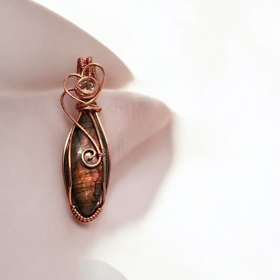 Labradorite & Crystal Quartz Pendant, hand wrapped decoratively in copper