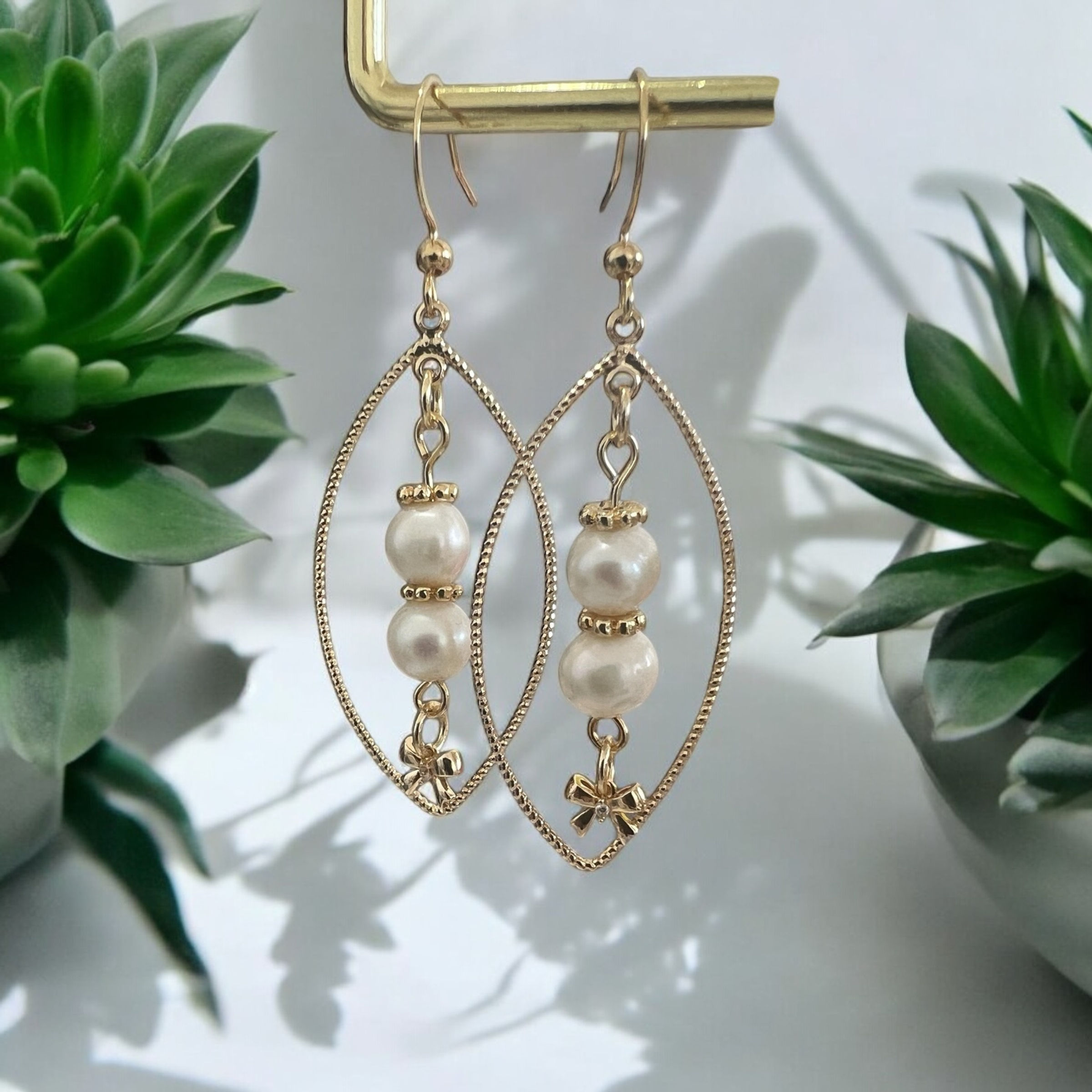 Oval Framed Cultured Pearl Bow Drop Earrings