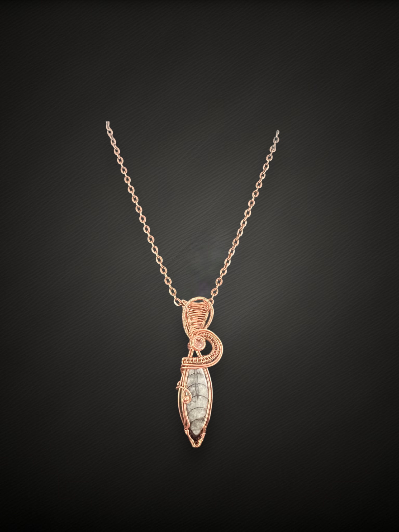 Copper Wire-Wrapped Orthoceras Fossil Pendant with Clear Quartz