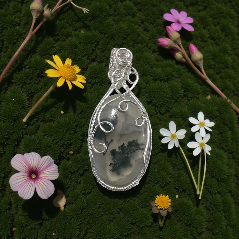 Thumbnail: "Saela's Stone" Moss Agate & Clear Quartz Pendant wrapped in Silver-Filled Wire