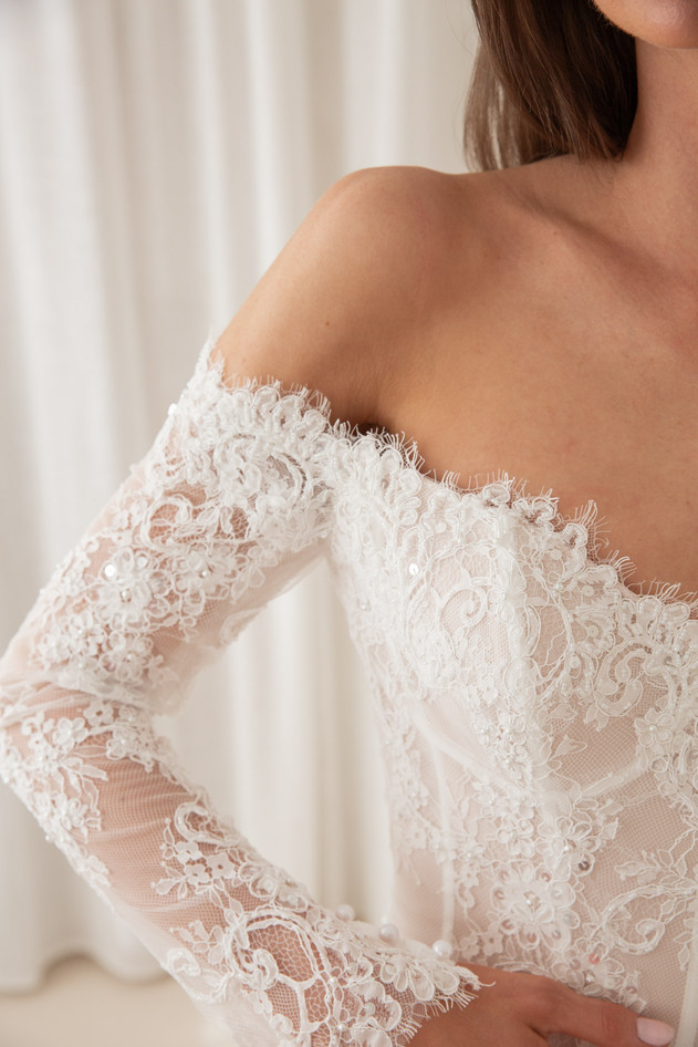 Aston pearls, Aston wedding dress, wedding, lace, long sleeves, boning, corset
