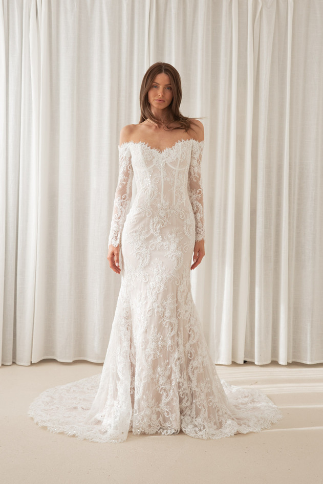 Aston pearls, Aston wedding dress, wedding, lace, long sleeves, boning, corset