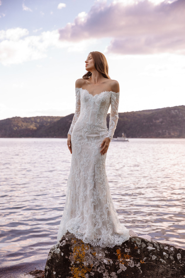Aston pearls, Aston wedding dress, wedding, lace, long sleeves, boning, corset