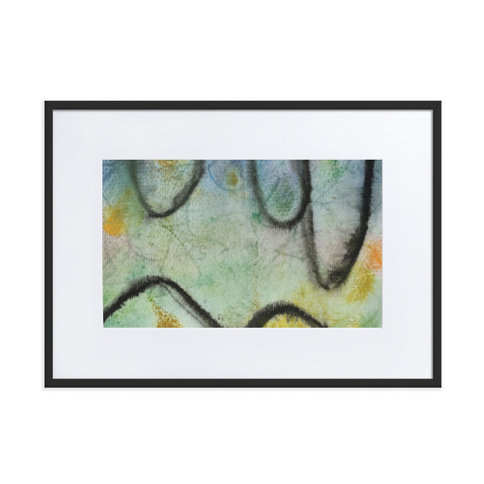Contemporary abstract print with fluid, organic shapes.