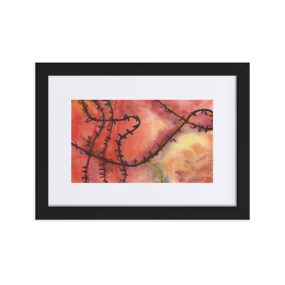 Vibrant orange‑yellow abstract print with tangled wire‑like lines expressing emotional imbalance