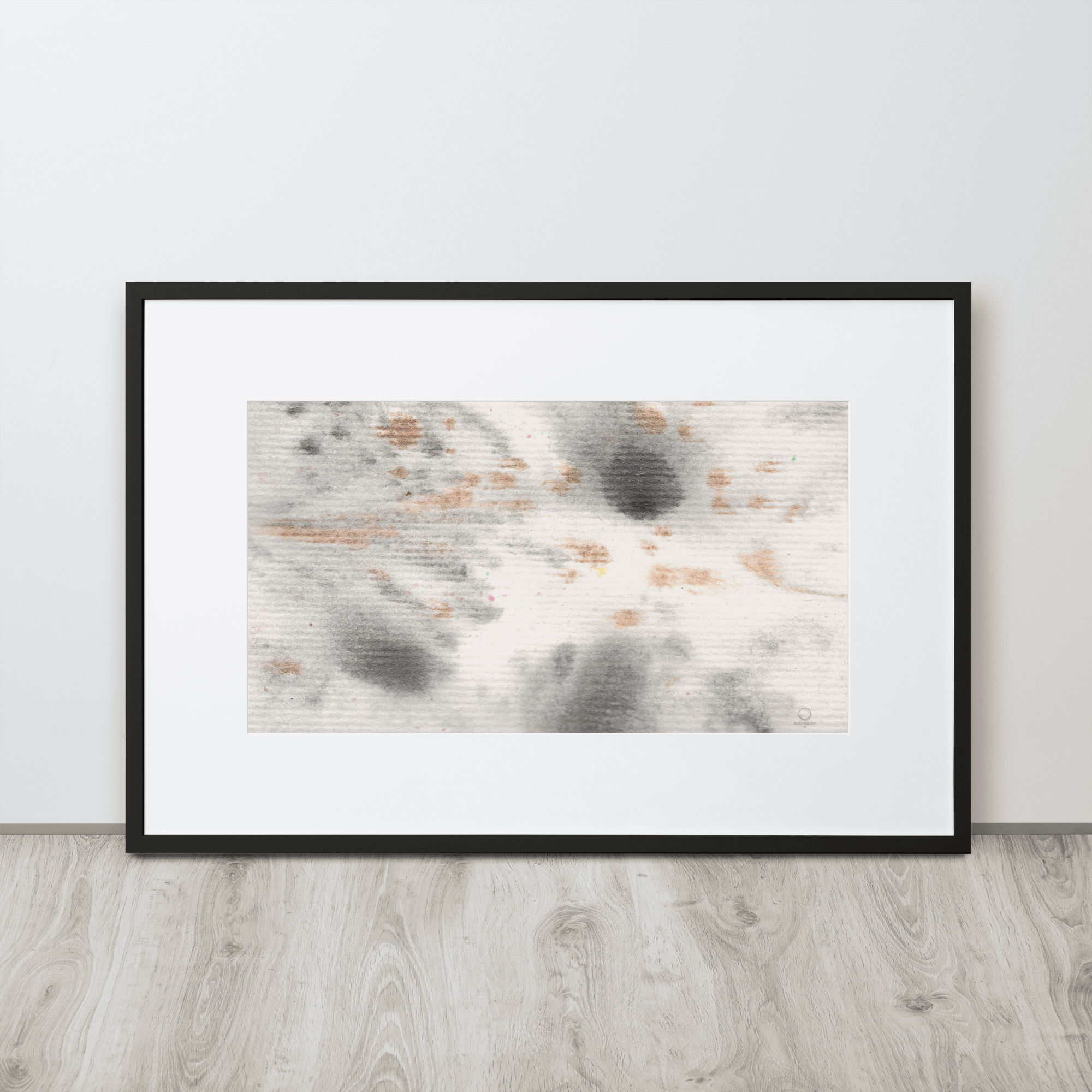abstract art print in the frame. neutral grey colors, calm feeling. original painting art by artist
