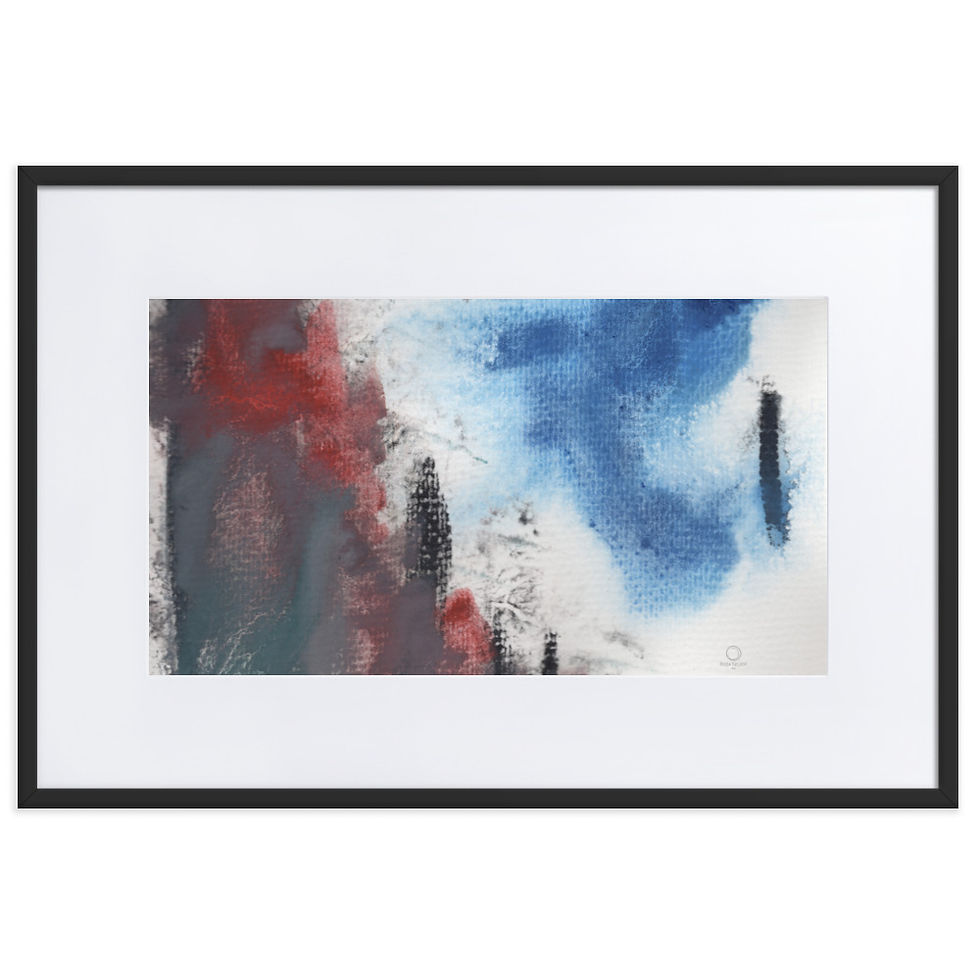 Abstract contrast of brown weight and blue lightness with rising black strokes, expressing overwhelm and hope