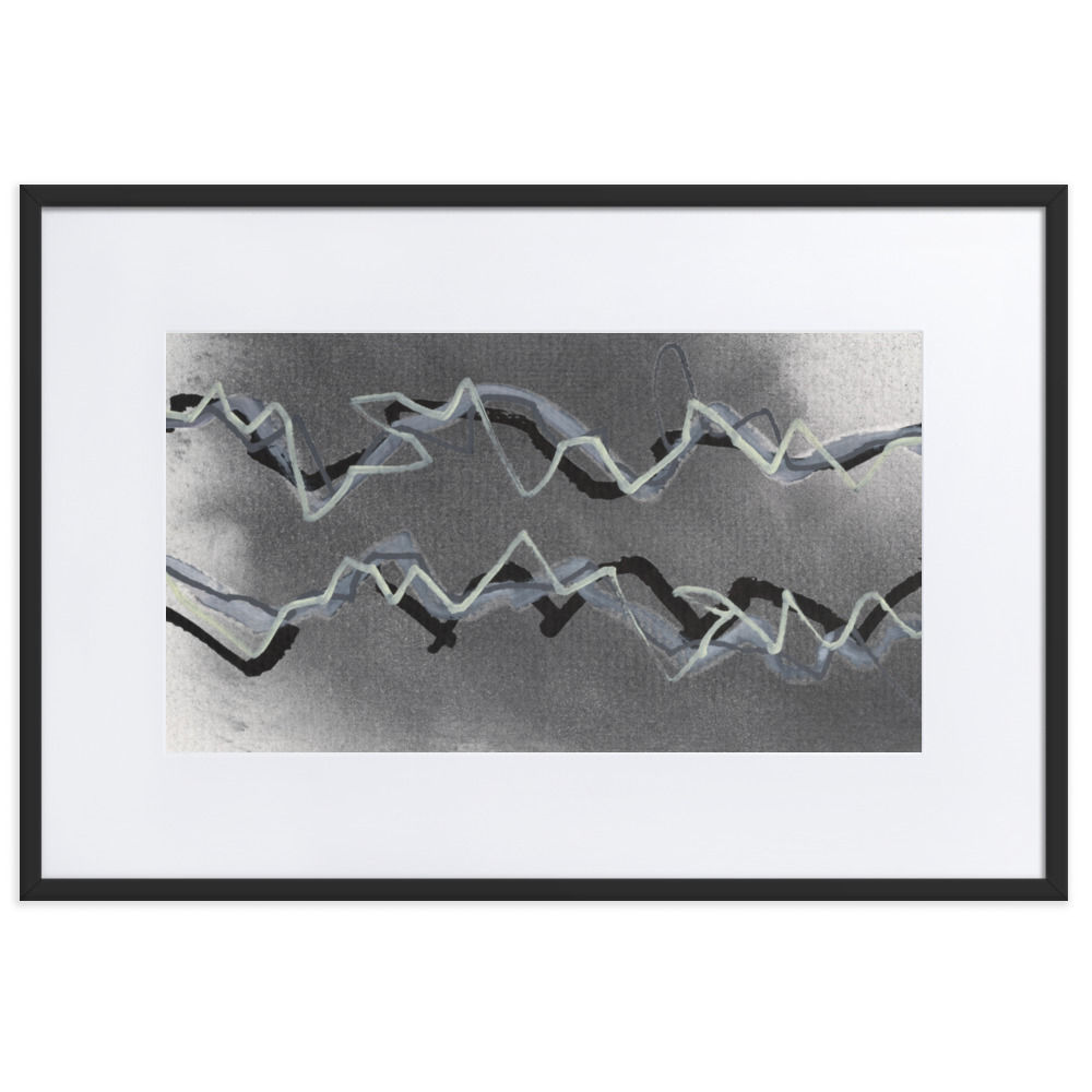 Heavy dark abstract painting with electric, horizontal lines and raw emotional intensity.