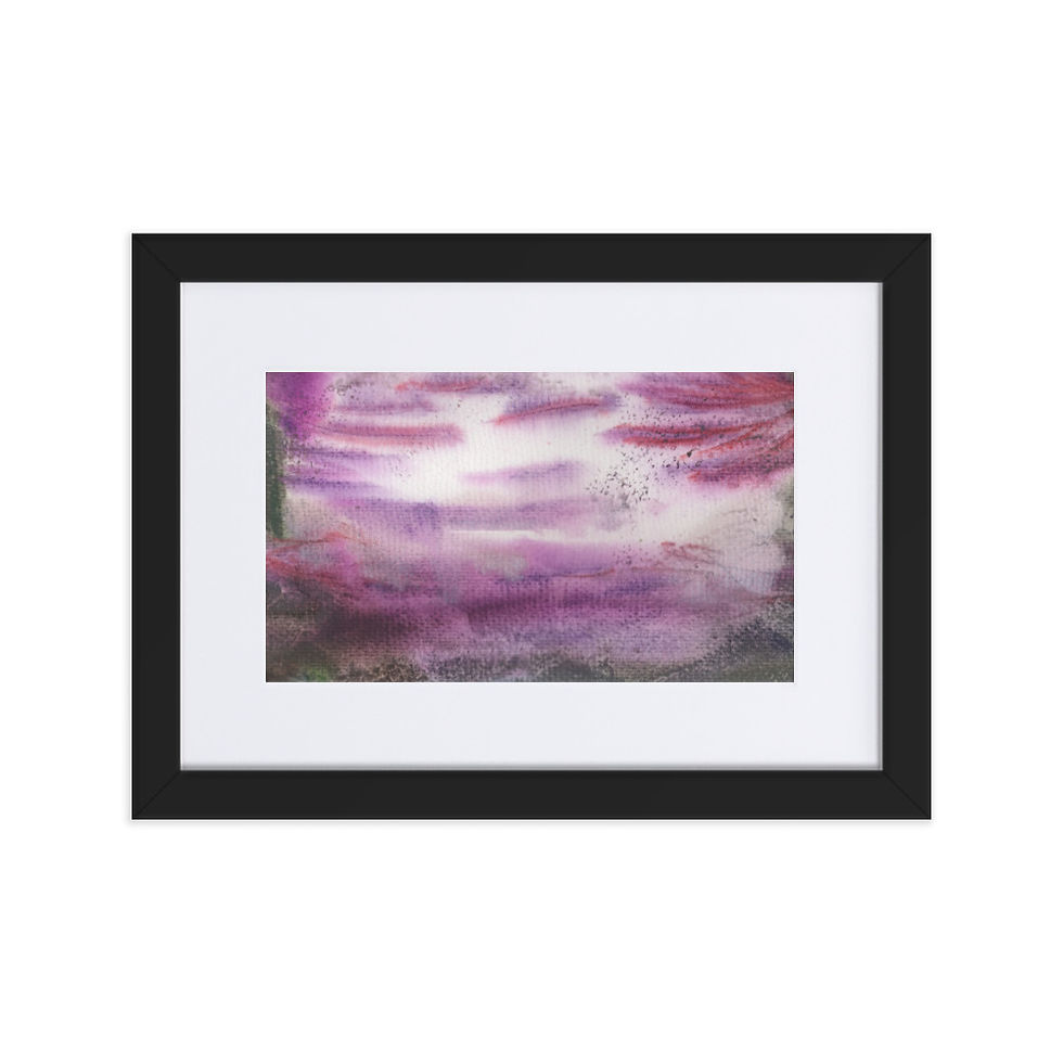 Moody abstract print with dark base and misty purple‑white layers symbolizing loss and mystery.