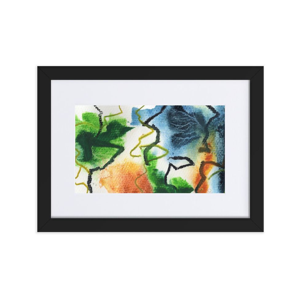 abstract print painting, watercolors. rich colors green, navy blue and yellow. art with dynamic lines. nature inspired.