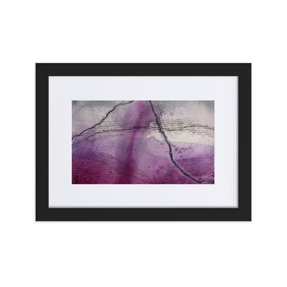 Abstract print of purple mountains with soft grey tones and atmospheric flow