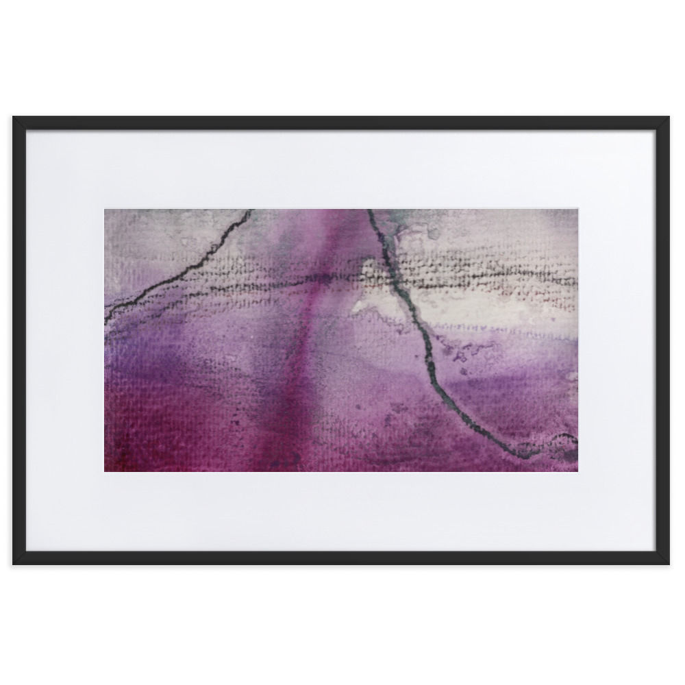 Abstract print of purple mountains with soft grey tones and atmospheric flow