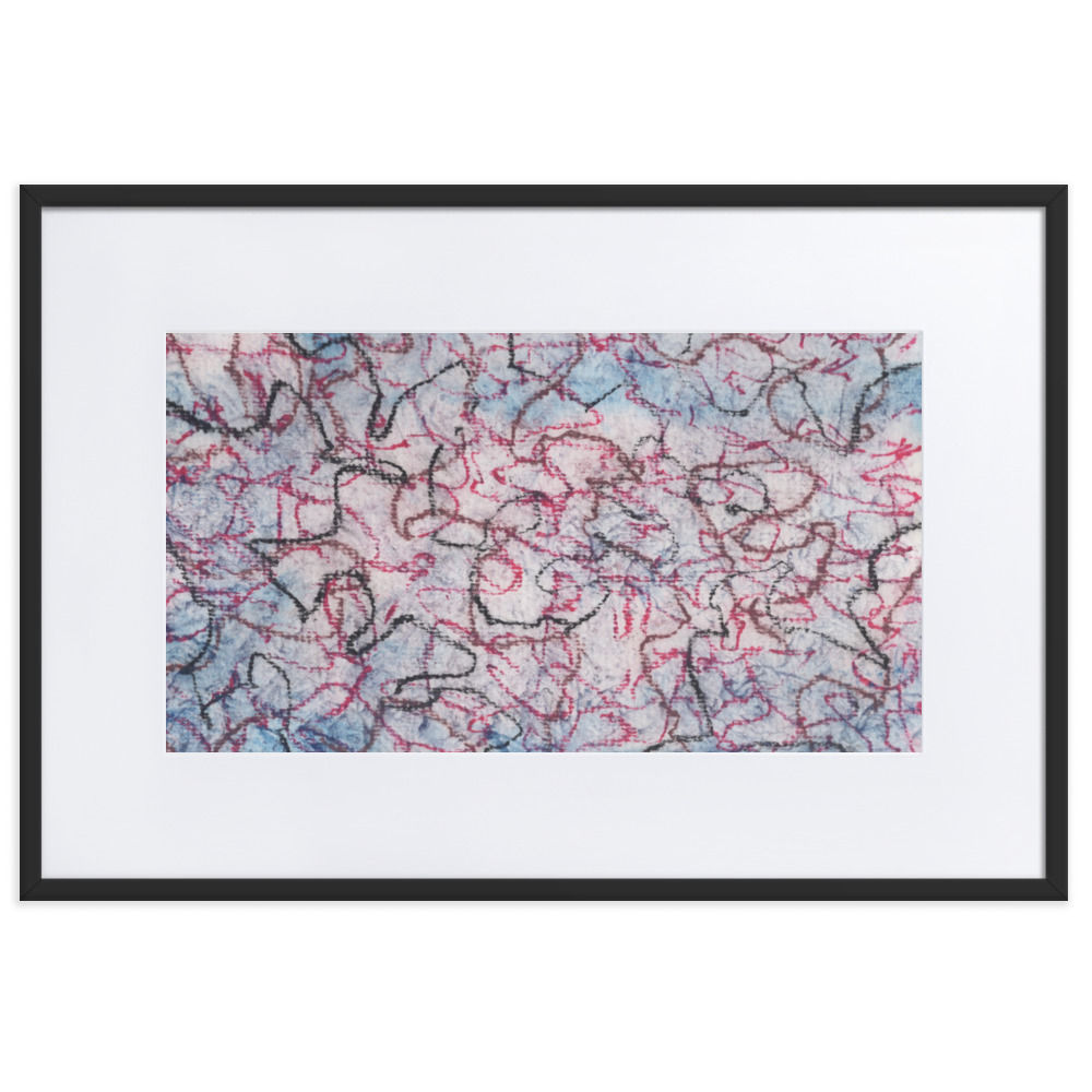“Pink and blue abstract painting with chaotic, intertwined lines and expressive movement