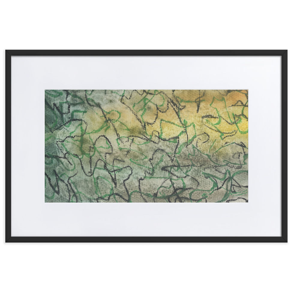 “Abstract print in multiple shades of green with dynamic, tangled lines expressing chaos and indecision