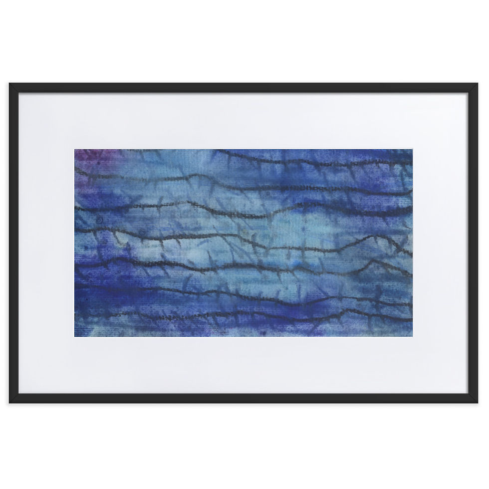 Moody navy abstract print with barbed‑wire‑like lines and a theme of mental confinement