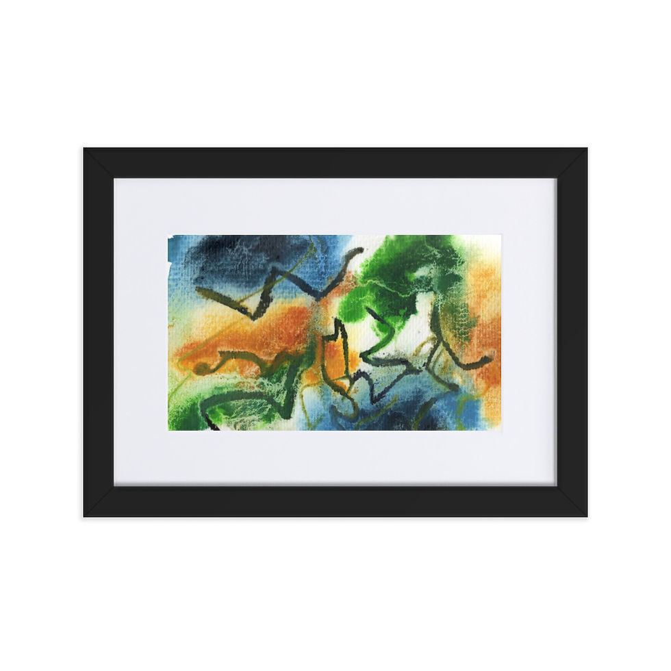 abstract print painting. natural colors green, navy blue and yellow