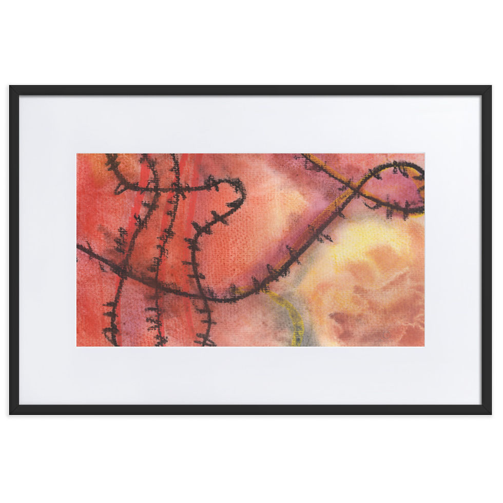 Vibrant orange‑yellow abstract print with tangled wire‑like lines expressing emotional imbalance