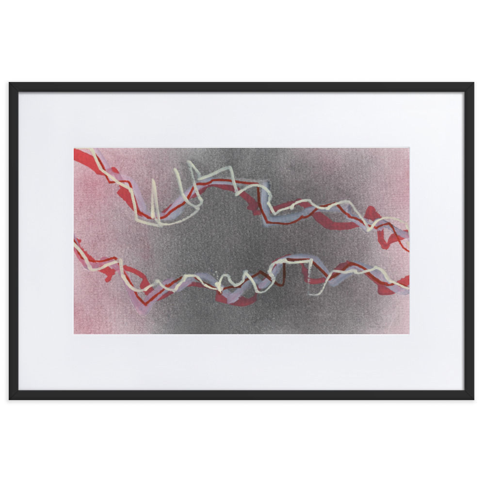 Grey and dark‑pink abstract painting with white and blood‑red electric lines and strong dynamic energy