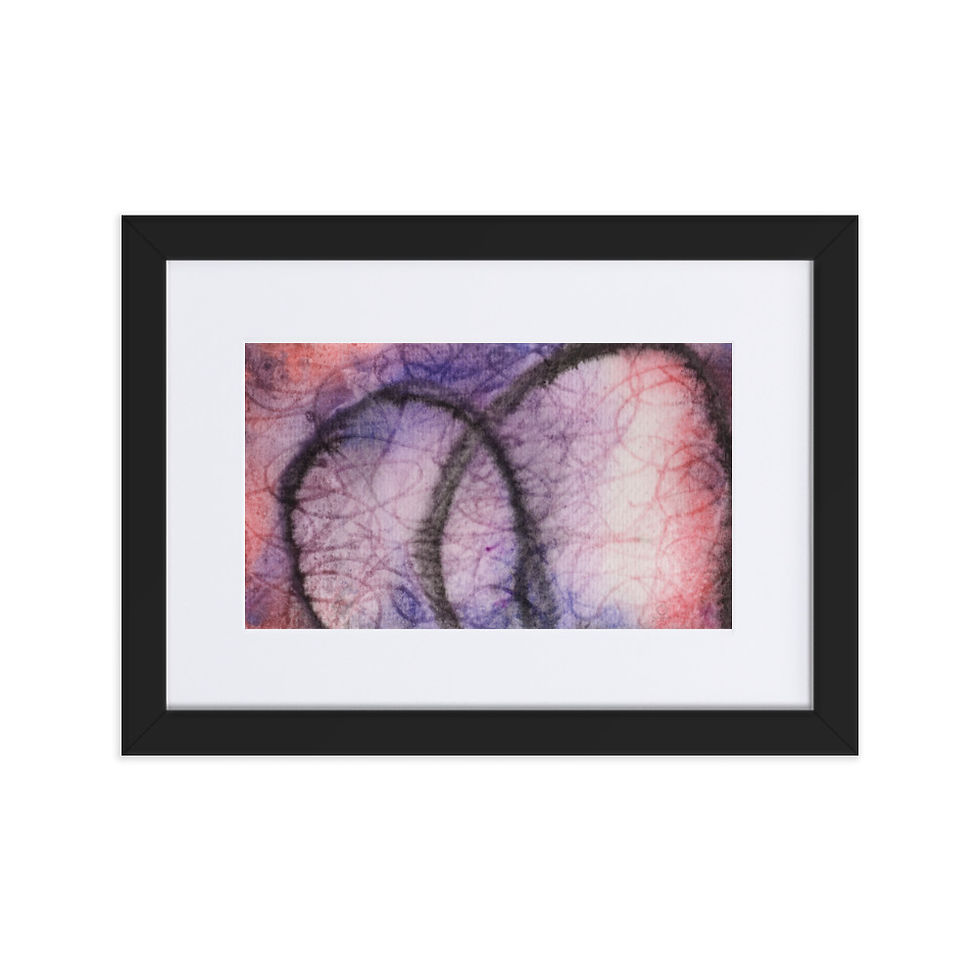 “Abstract print in pink and purple tones with soft, fluid brushstrokes.