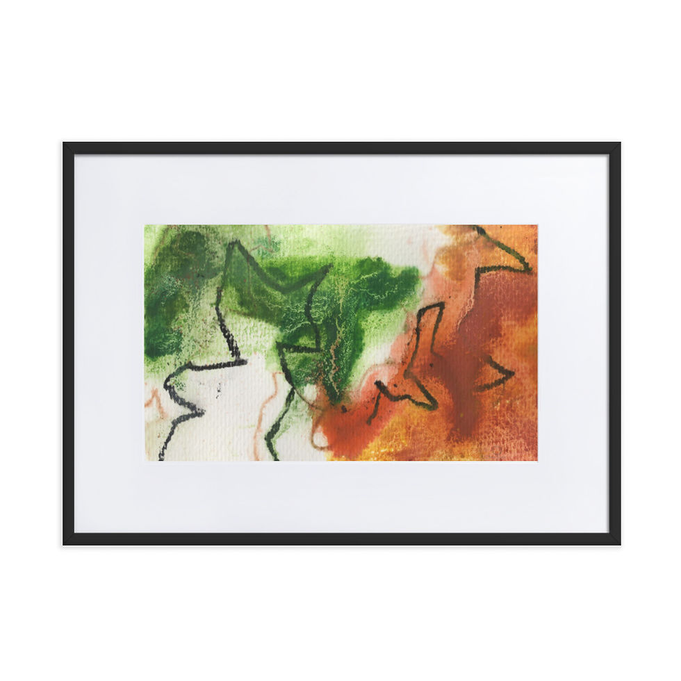 abstract print painting, autumn vibe. rich green and pumpkin orange brown colors.