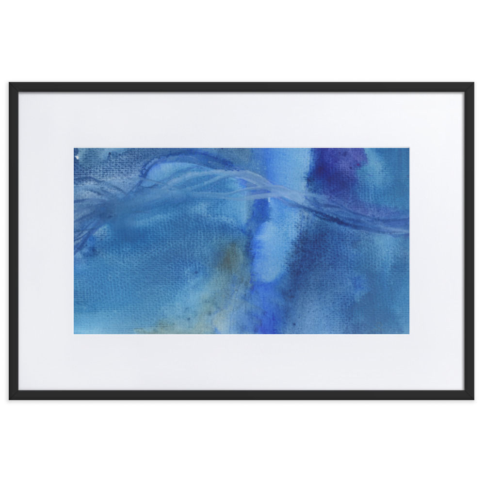 Sky blue and navy abstract print with fluid, water‑like motion expressing mental confusion.