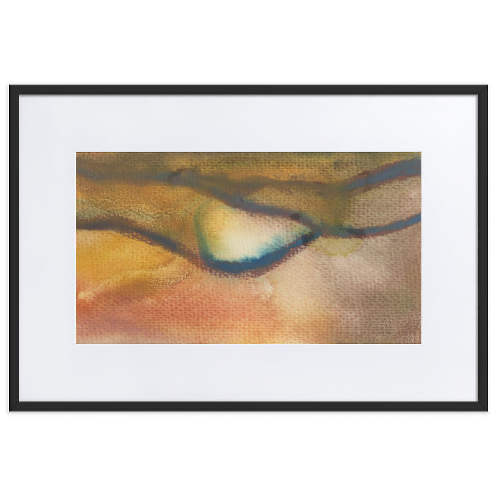 Abstract print in mustard yellow, earthy orange and green with soft horizontal landscape lines