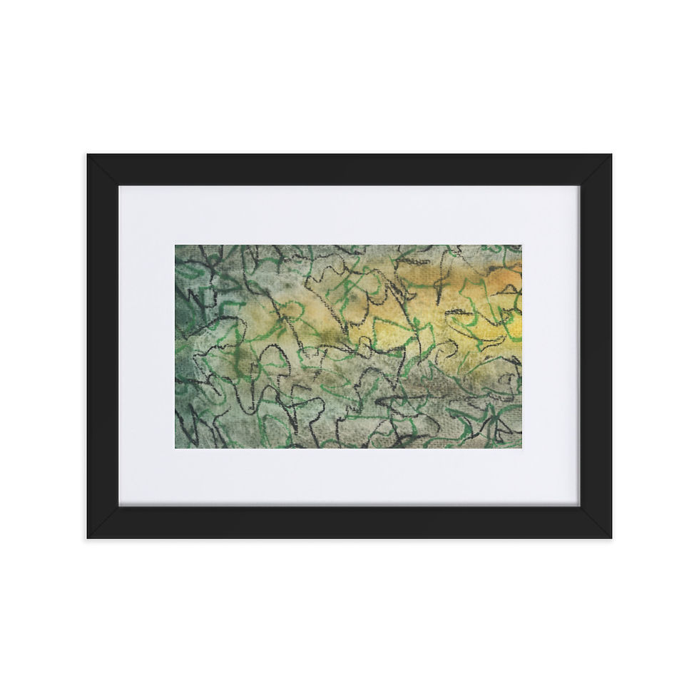 “Abstract print in multiple shades of green with dynamic, tangled lines expressing chaos and indecision