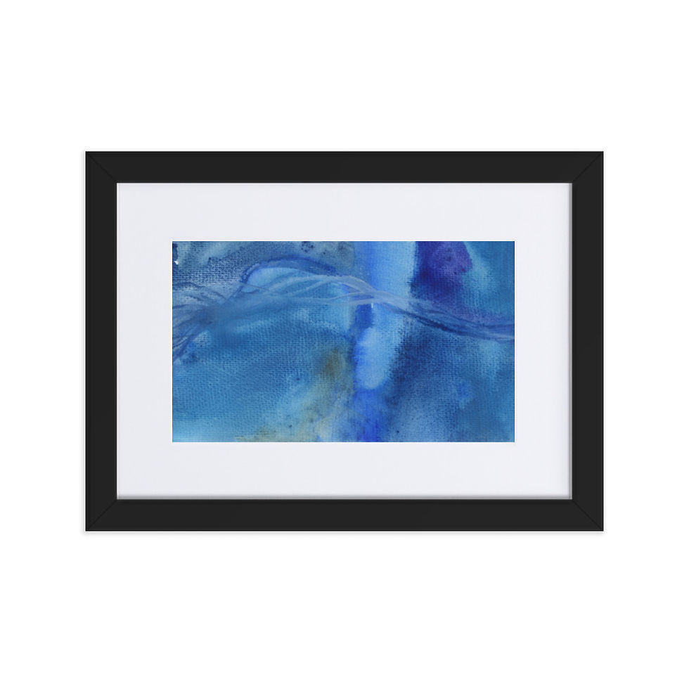 Sky blue and navy abstract print with fluid, water‑like motion expressing mental confusion.