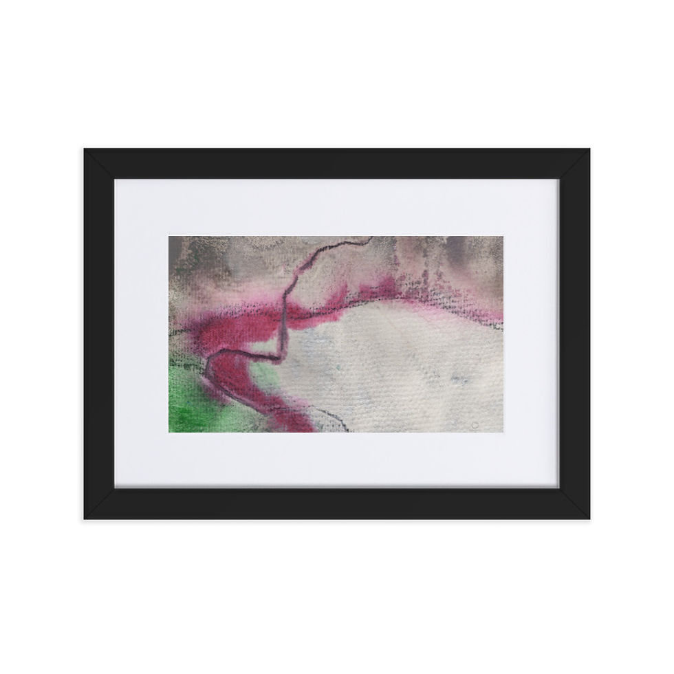 Abstract print in earthy grey and green with bold black moving lines.