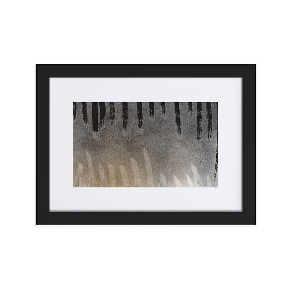 Grey‑black abstract painting with vertical converging lines and strong dynamic pressure.