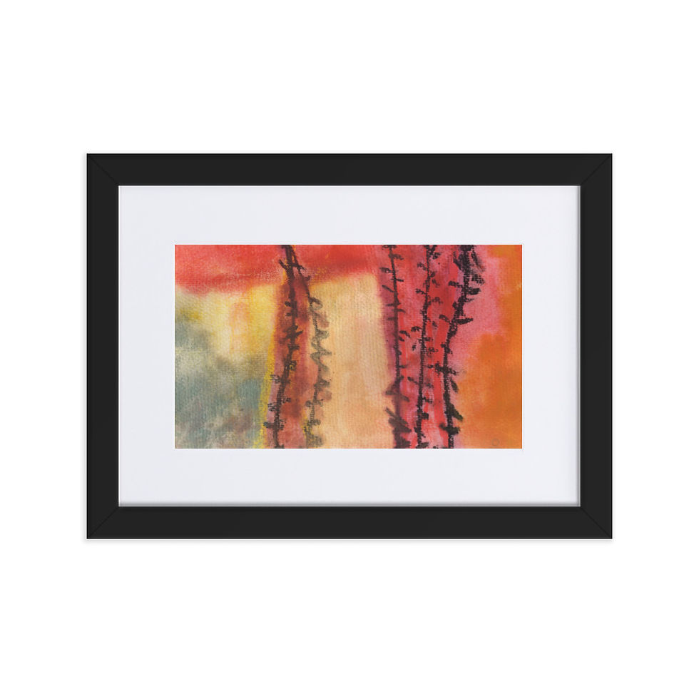 Orange‑yellow abstract print with vertical wire‑like lines expressing mental blockage and emotional struggle.