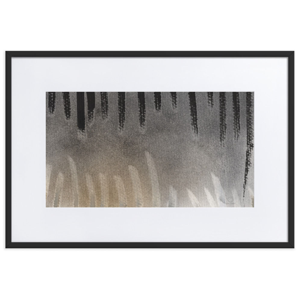 Grey‑black abstract painting with vertical converging lines and strong dynamic pressure.