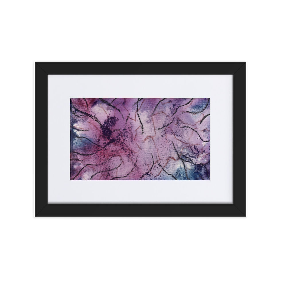 “Abstract print in purple and navy with dynamic lines flowing toward the center
