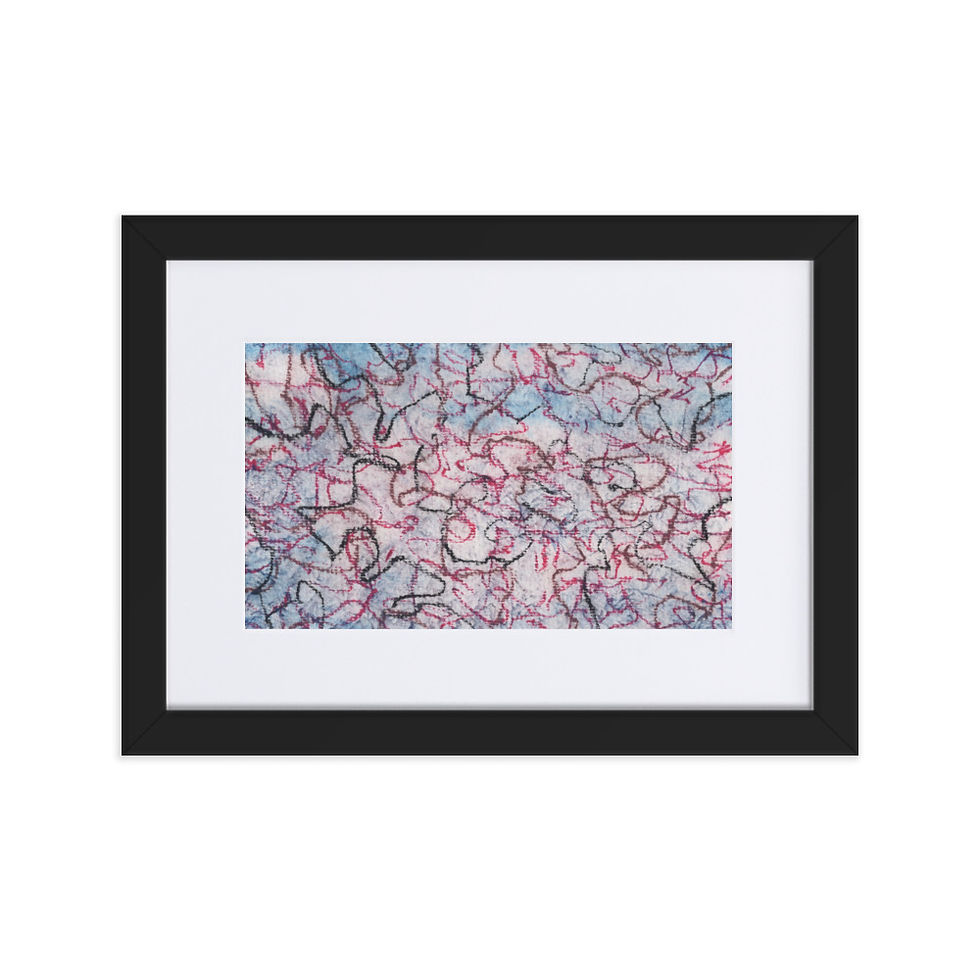 “Pink and blue abstract painting with chaotic, intertwined lines and expressive movement