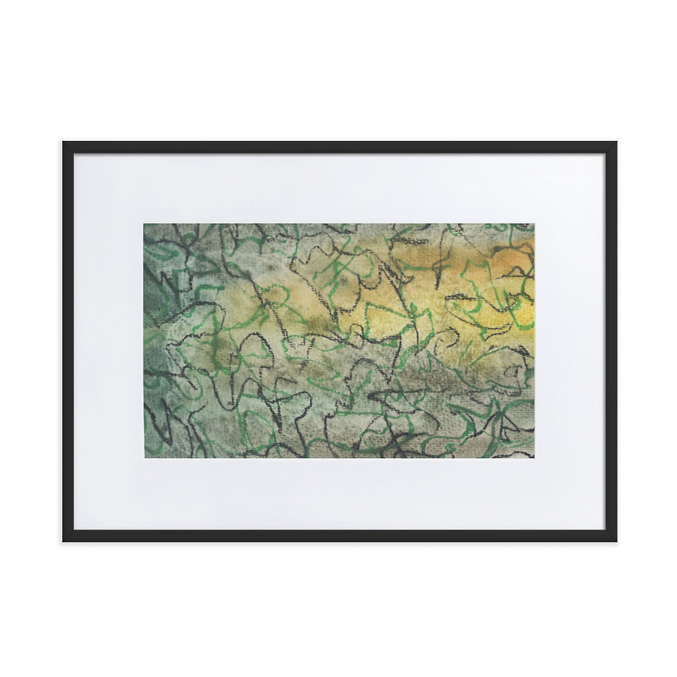 Thumbnail: “Abstract print in multiple shades of green with dynamic, tangled lines expressing chaos and indecision