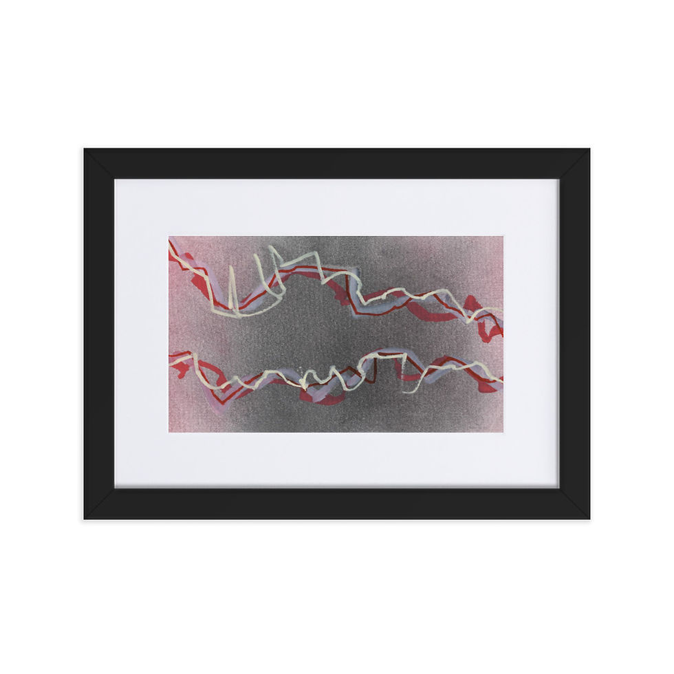 Grey and dark‑pink abstract painting with white and blood‑red electric lines and strong dynamic energy