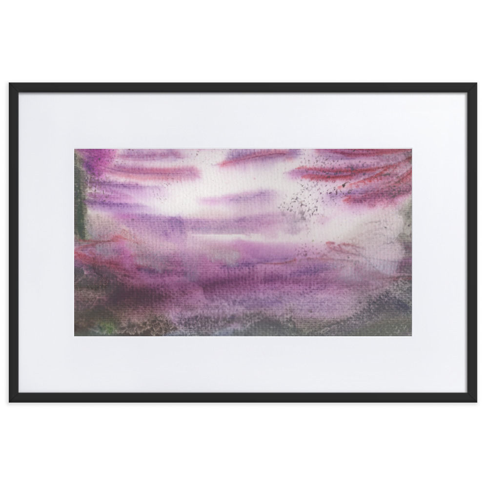 Moody abstract print with dark base and misty purple‑white layers symbolizing loss and mystery.