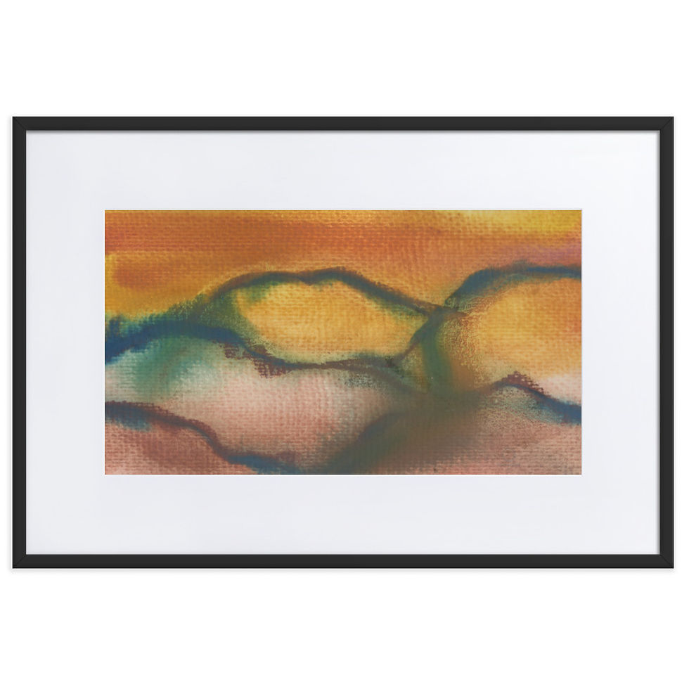 Abstract print in mustard yellow, earthy orange and green with horizontal landscape lines