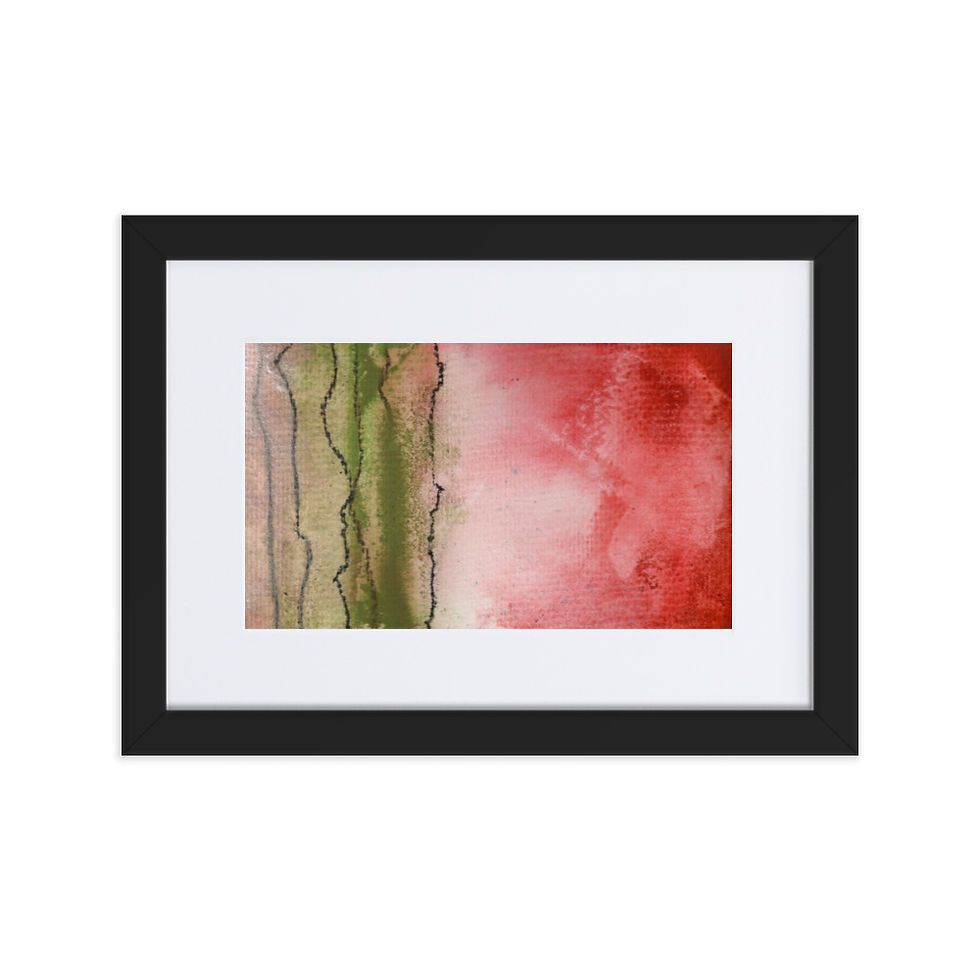 “Abstract print with vertical lines in moss‑green and rich red tones