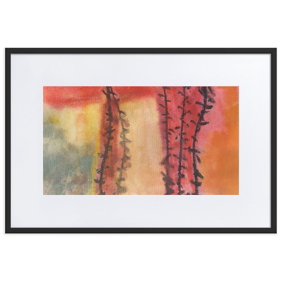Orange‑yellow abstract print with vertical wire‑like lines expressing mental blockage and emotional struggle.