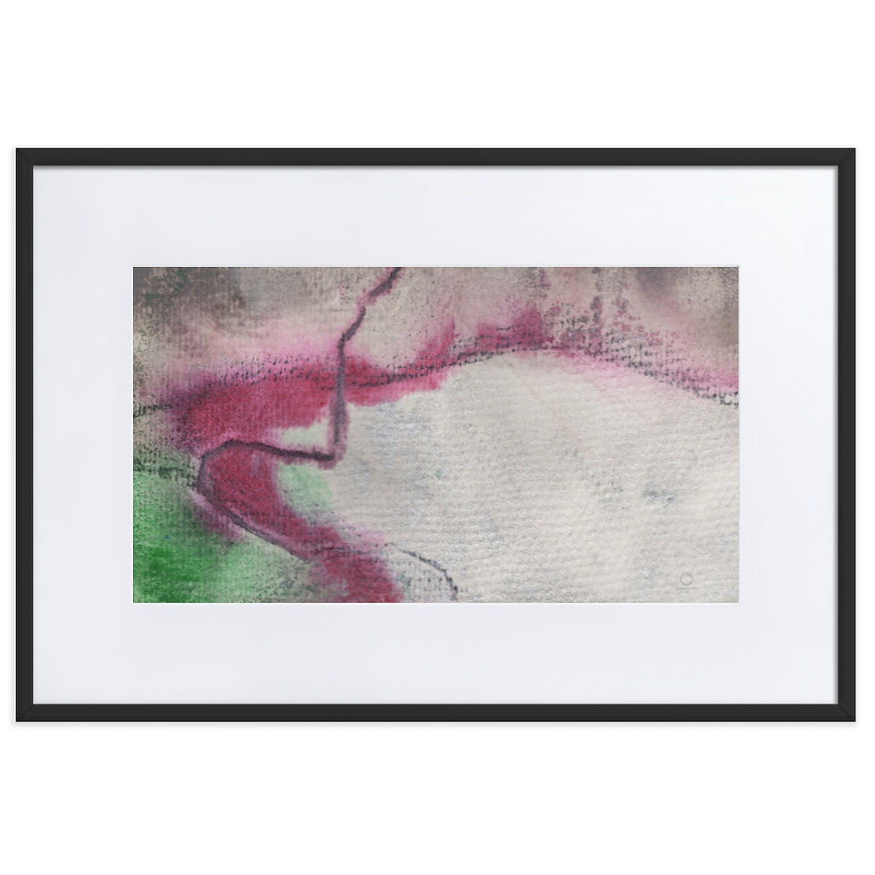 Abstract print in earthy grey and green with bold black moving lines.
