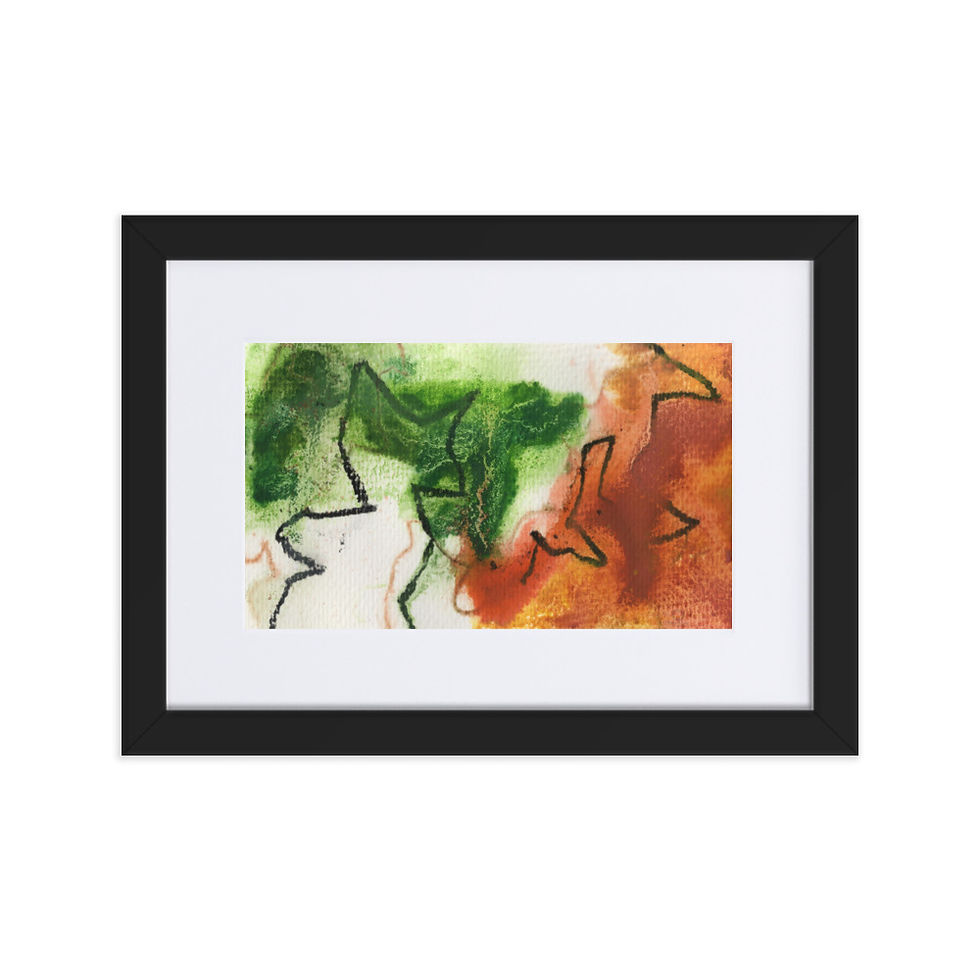 abstract print painting, autumn vibe. rich green and pumpkin orange brown colors.