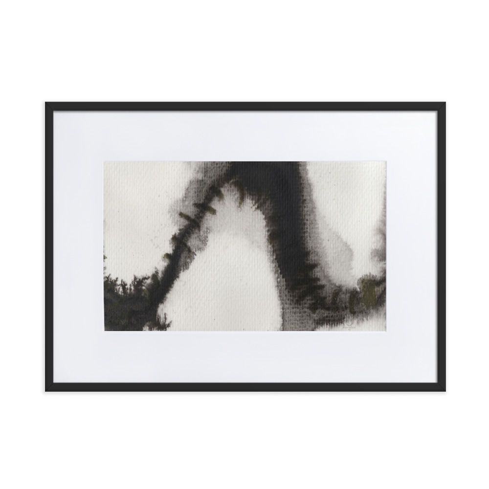 Black and white abstract print with bold, dynamic contrasts and atmospheric movement.