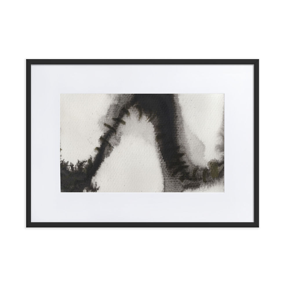 Black and white abstract print with bold, dynamic contrasts and atmospheric movement.