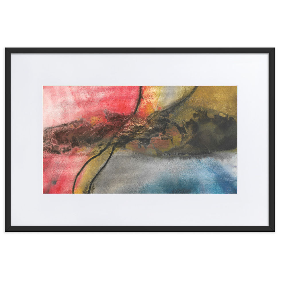 Thumbnail: abstract print painting, dynamic energetic art, rich colors, royal blue, deep red, earthy green and charco black