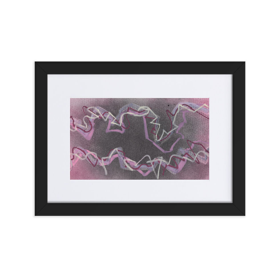 Grey‑pink abstract painting with electric white and burgundy lines and intense dynamic energy.