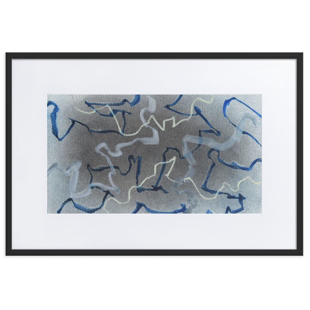 Grey‑white abstract painting with navy and white electric lines and strong directional energy.