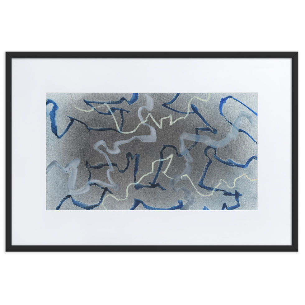 Grey‑white abstract painting with navy and white electric lines and strong directional energy.