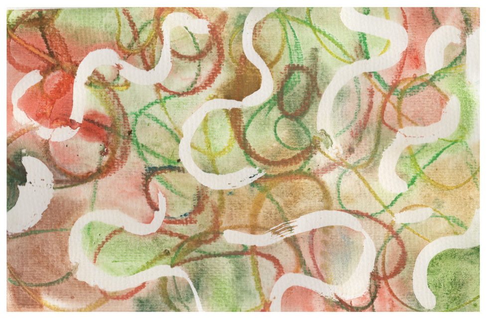 Abstract mixed‑media painting with saturated colours